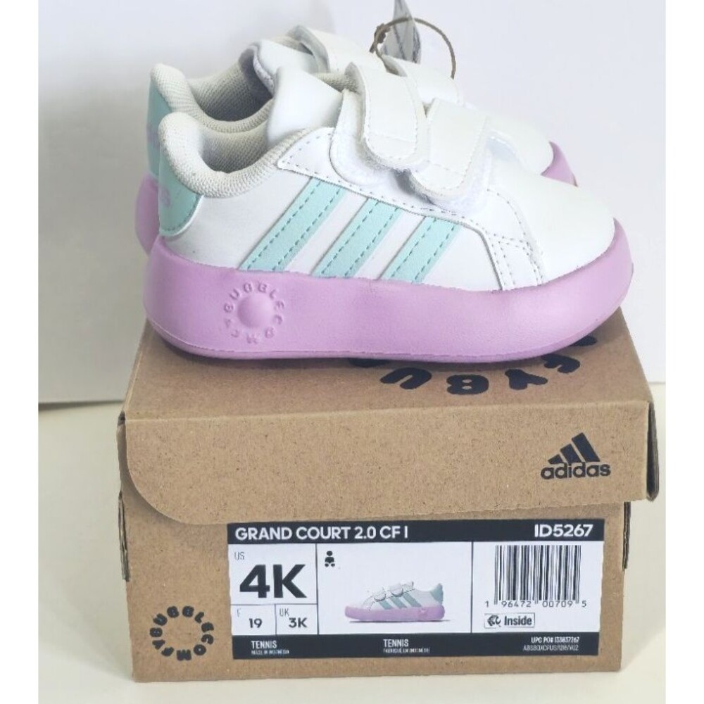 Adidas Grand Court 2.0 Girls Infant Shoes Size 4K White Turquoise Purple